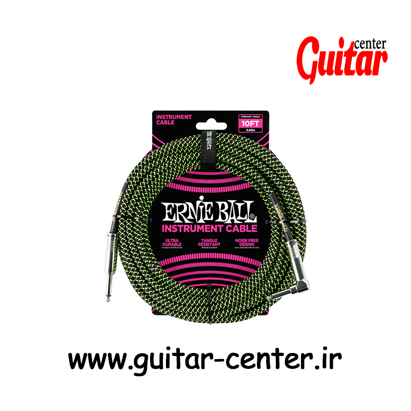 Ernie Ball 10′ Braided Straight / Angle Instrument Cable – Black / Green